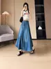 Saia Midi Jeans Vintage Desgastada para Mulheres, Versátil Nova de Cintura Alta Modelo A com Barra Larga e Design Patchwork
