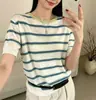 2026 Transfronterizo Súper Elegante Nueva Versión Coreana Moda Reductor de Edad Bloque de Color Rayas Manga Corta Verano Nuevo Top de Punto