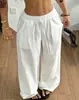 Calças largas de perna larga com cordão elástico texturizado, estilo casual de férias, para mulheres, com bolsos laterais, transfronteiriças europeias e americanas