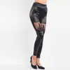 Pantalones de Cuero Sexys Nuevos Transfronterizos Pantalones Negros de Otoño Estilo Punk para Mujer Pantalones de Cuero Bordados con Encaje Pantalones de Nueve Puntos Empalmados