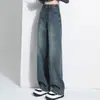 Jeans Vintage de Cintura Alta com Pernas Largas, Forrado com Fleece de Botão Duplo, Feminino, Outono e Inverno 2024, Novo Fashionável, Calça Reta Versátil