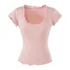 Camiseta de Encaje Dulce y Picante para Chica con Cuello en U y Mangas Cortas para Mujer 2026 Nuevo Llegada de Verano Ajustada Negra Hombro Normal