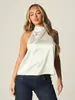 Bestseller transfronterizo europeo y americano: Blusa de seda de alta gama con cuello halter y volantes, cuello alto, hombros descubiertos, corte holgado, adelgazante y elegante.