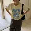 Camiseta de Manga Corta de Algodón Puro Estilo Coreano para Mujer Verano 2026, Corte Holgado, Estampado Floral Casual, Talla Grande, Top de Cuello Redondo