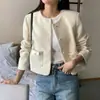 Chaqueta corta de moda estilo retro chic coreano con cuello redondo, botones de perla, bolsillo con lazo para mujer 19382