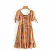 Agora 2024 primavera europeia e americana estilo feminino novo atacado Camélia Dourada renda no peito amarração manga curta vestido 8679
