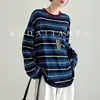 Blusa de lã, seda e Tencel para primavera e verão, top de malha listrado color block vintage de manga longa para mulheres