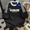 Camiseta de Manga Corta 100% Algodón Puro con Estampado de Letras Divertidas y Personalizadas y Tres Rayas para Hombres y Mujeres Verano Holgada Estilo Coreano Top Ins