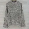 BORBOTIE Tricô Feminino 2026 Novidades Primavera/Outono Bordado BC Lantejoulas Vazado Gola Redonda Manga Longa Top