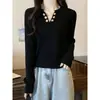 Elegante suéter de punto con cuello en V y manga larga para mujer, otoño e invierno, adelgazante y que favorece la figura, de longitud corta