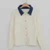 Cardigã de tricô com gola jeans em retalhos, blusa feminina de lapela de manga longa, estilo duas peças falsas, solta, casual, versátil, casaco suéter