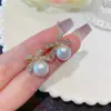 Pendientes Coreanos de Nuevo Estilo con Lazo y Perla para Mujer, Pendientes de Botón Brillantes con Pedrería de Lujo Ligero de Nicho