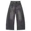 Jeans Lavado Negro Scimitar para Hombres y Mujeres, Otoño Vintage Desgastado Pierna Ancha Sueltos Rectos Largos, Estilo de Marca de Moda