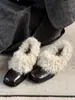 Versão em Couro de Vaca ~ Novidade Outono e Inverno Bico Quadrado Salto Grosso Loafers Peludos para Mulheres Couro Genuíno Estilo Coreano Versátil Sapatos Pequenos de Couro e Sapatos de Algodão