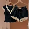 Pijama Feminino Verão Manga Curta Shorts com Alça de Renda Acolchoada Roupa de Dormir M-XXL