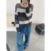 Camisa Base Rayada Bloque de Color Estilo Perezoso de Gama Alta para Mujer, Nuevo Suéter de Punto Holgado de Cuello Redondo para Primavera y Otoño para Mujer