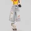 Jeans cropped de pierna ancha para mujer, estilo nuevo de verano, con diseño de bordado de cachorro, azul claro, corte holgado, adecuados para personas petite.