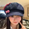 Boina jeans com laço estilo japonês para mulheres, chapéu octogonal fofo e doce em formato de nuvem estilo coreano, chapéu de artista versátil e que afina o rosto