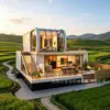 Casa contenedor de doble capa con techo curvo, con terrazas superior e inferior, vista panorámica de cristal, inspirada en el bosque, casa de vacaciones modular de lujo ligero