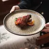 Plato Plano Martillado con Esmalte Dorado, Estilo Vintage de Alta Gama, Plato para Comedor en Casa, Vajilla Cerámica Comercial, Plato para Postre, Plato para Bistec