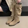 Botas Delgadas de Gamuza Color Caqui Botas de Caballero Apiladas para Mujer 2025 Nuevo Otoño/Invierno Adelgazantes de Tacón Alto Tacón Grueso Botas Largas
