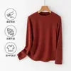 Camiseta de manga larga con cuello redondo para talla grande, camiseta básica engrosada para mujer para otoño e invierno, alta elasticidad, tejido cepillado, top con estampado de espina de pescado