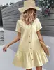 Vestido Feminino de Verão 2025 de Botão Único com Bolsos Largos e Barra Franzida Casual de Manga Curta