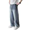 Jeans Retro com Bainha Curva para Homens 2026 Novo Corte Solto Juventude Forrado com Lã Casual Inverno Calças Versáteis de Perna Reta Largas