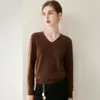 Suéter feminino de cashmere puro com decote V, novo outono e inverno, manga longa, simples, básico, versátil, pulôver