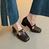 Zapatos de cuero de tacón medio gruesos estilo francés para mujer, nuevo modelo de otoño 2026, adecuados para combinar con faldas, mocasines Mary Jane, zapatos de tacón alto