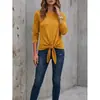 Camiseta Base de Manga Larga de Color Sólido para Mujer, Cruzada, Cuello Redondo, Dobladillo con Detalle de Corbata, Camiseta Casual Holgada para Mujer, Otoño 2026