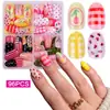Série Dopamina 96 Peças de Unhas Vestíveis, Estilo Europeu e Americano, Listras em Contraste de Cores e Adesivos Florais para Unhas, Peças de Unha Doces e Descoladas para Meninas