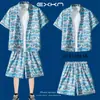 Traje de Viaje Camisa de Manga Corta para Hombre Camisa de Playa Costera Pantalones Cortos Casuales de Vacaciones Tallas Grandes Pantalones de Tres Cuartos Ropa de Pareja