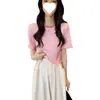 Nuevo Suéter de Punto con Orejas de Color Contrastante de Manga Corta Texturizado Ajustado Corto Estilo Coreano Dulce Top para Mujer
