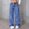 Comércio Exterior Mais Vendido Amazon Vendedor de Sucesso Transfronteiriço Jeans Feminino, Estilo Doce e Picante, Cintura Alta, Perna Reta Larga, Calça Longa Casual Solta