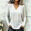 Diseño propio de Anno 2026 moda casual europea y americana para mujer, top de manga larga con cuello en V y flecos para tienda independiente de Amazon