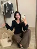 Nuevo Suéter de Punto con Cuello Volante Blanco para Mujer Otoño Manga Larga Adelgazante Vintage