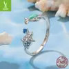 Anillo Abierto de Plata Ziyun Pez Payaso Estrella de Mar Tortuga Estilo Fresco Plata de Ley S925 Anillo Estilo Vacaciones en Isla