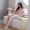 Algodón Puro Pijama de Mujer Nuevo Otoño Cuello Cuadrado Rayas Conjunto Manga Larga Ropa de Casa Larga Informal Conjunto de Dos Piezas