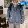 Chaqueta de Mezclilla para Hombre de Primavera y Otoño Estilo Coreano Moderna con Cremallera y Capucha Top Estilo Japonés Hong Kong Tendencia Falso Dos Piezas Chaqueta con Capucha