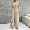 Kai Kuo Transfronterizo Europa y Estados Unidos 2024 Otoño e Invierno Y2K Ocio Plisado Manga Larga Top Pantalón de Pierna Ancha Traje Conjunto de 2 piezas para Mujer