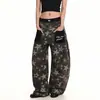 Calça Jeans Retro Americana com Estampa de Estrela para Mulheres, Verão, Resistente, Bolso Patchwork, Perna Larga, Desgastada, Solta, Longa
