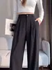 Pantalones de traje finos de verano para mujer negros, nuevo estilo 2026 para mujeres petite, pantalones anchos de pierna recta fluidos de seda helada