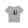 Camiseta Gris de Manga Corta con Hombros Descubiertos y Cuello Diagonal para Mujer, Moda Americana de Verano Marca Estampado de Gato de Dibujos Animados Casual Holgado
