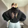 Sudadera corta con capucha y encaje de alas de ángel calado transfronteriza para mujer, top retro Y2K estilo europeo y americano con panel trasero de retazos