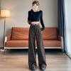 Calça Larga de Perna Reta com Estampa de Leopardo na Cor Café para Mulheres, Nova Coleção Outono e Inverno, Cintura Alta, Caimento Fluido, Casual Longa A7997