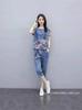 Verano 2025 Nuevo Talla Grande Ropa de Mujer Estilo Occidental Traje de Moda Hermana Gordita Slim Imitación Denim Pantalones Cortos Conjunto de Dos Piezas