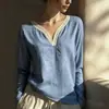 Novo Estilo Feminino Gola V Elegante Retrô Europeu e Americano 2026 Renda Boêmio Outono e Inverno Cruzamento Algodão-Linho Mistura Camisa