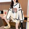 Moletom Feminino 2024 Super Fogo Cor Contrastante Linha Solto Fino Nicho Divertido Grafite Comprimento Médio Slim Top para Usar por Cima