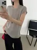 26 Outono Novo Estilo Blusa Estilo Coreano Fio de Papel Laqueado Gola Redonda Manga Curta Malha para Mulheres, Elegante Versátil para Trabalho Casual Camiseta